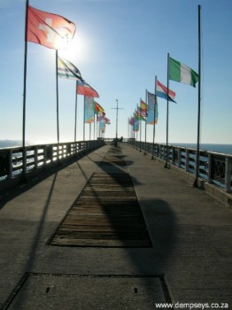 World Cup Soccer 2010 flags fly on Shark Rock Pier.