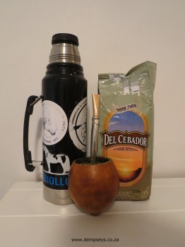 water flask, calabash with bombilla and bag of mate tea